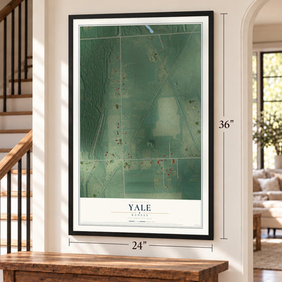 Yale, Kansas map, 24 x 36 inch print in a black frame by a staircase