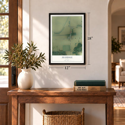 Zeandale, Kansas map, 12 x 18 inch print in a black frame in an entryway