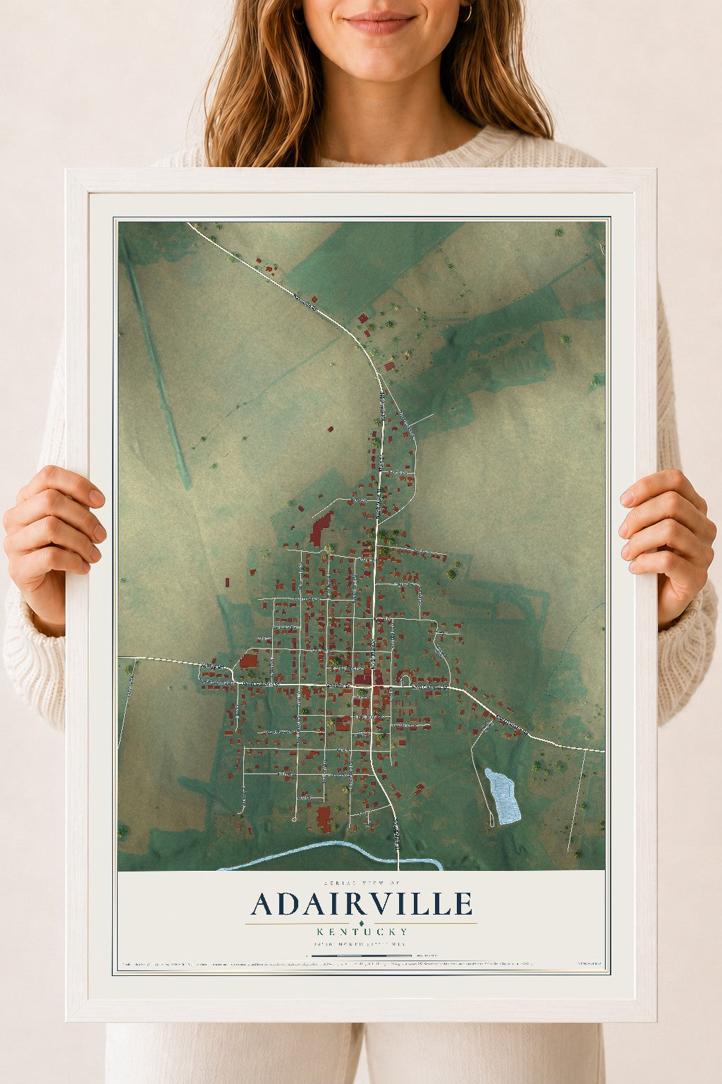 Map of Adairville, Kentucky, 18 x 24 inch print in a white wood frame
