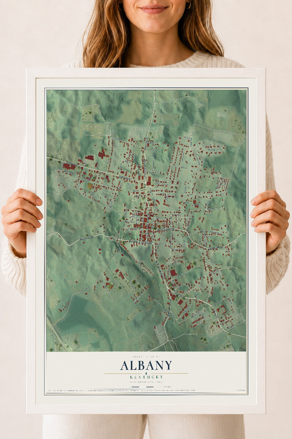 Map of Albany, Kentucky, 18 x 24 inch print in a white wood frame