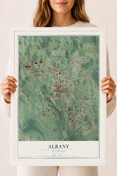 Map of Albany, Kentucky, 18 x 24 inch print in a white wood frame