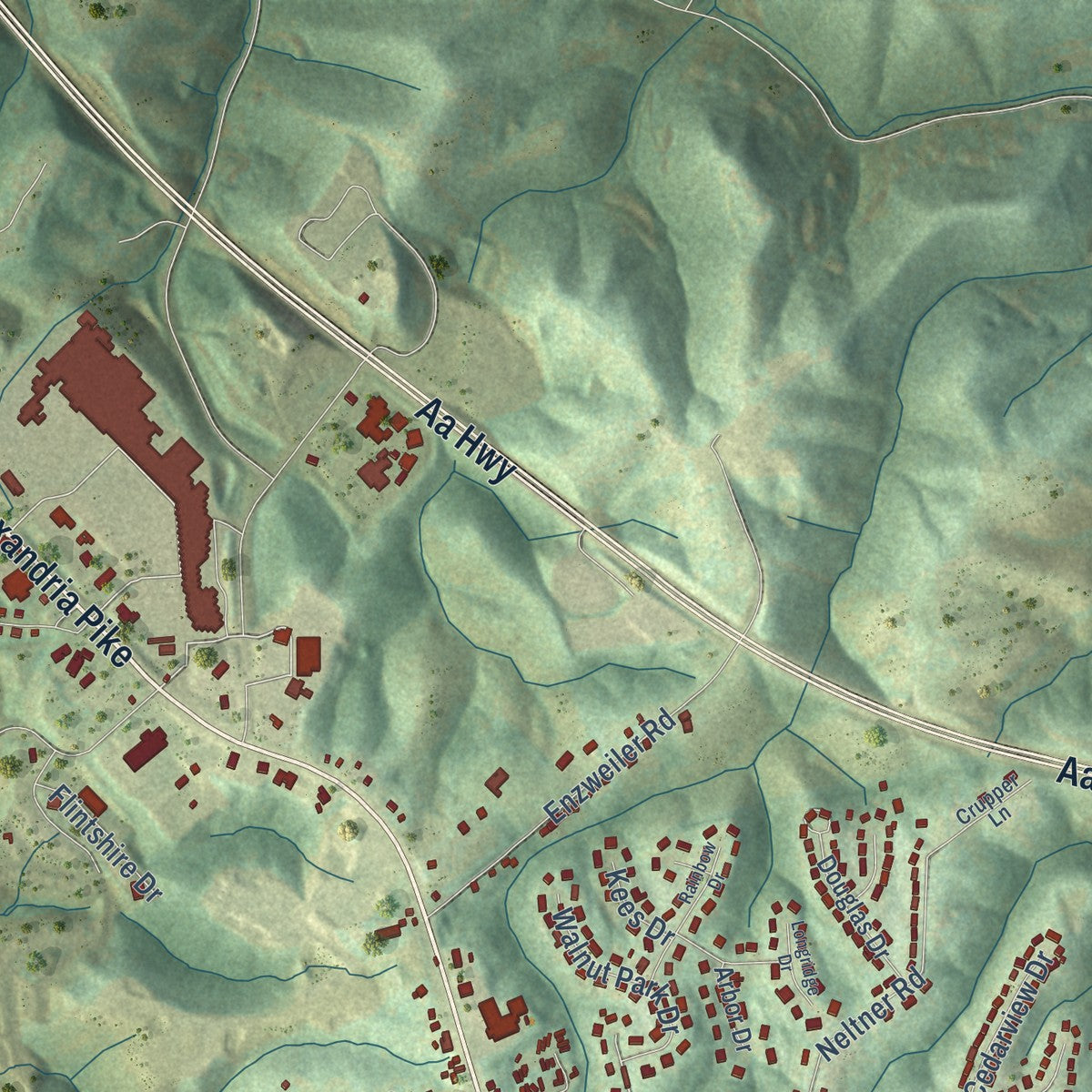 Second close-up of the map of Alexandria, Kentucky print showing more streets and buildings
