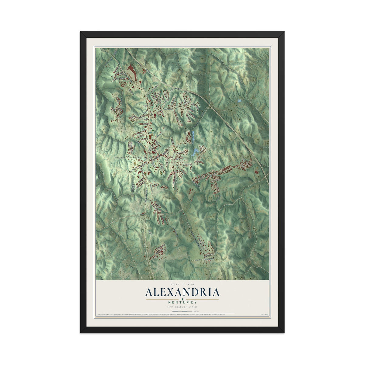 Map of Alexandria, Kentucky, 12 x 18 inch print in a black wood frame