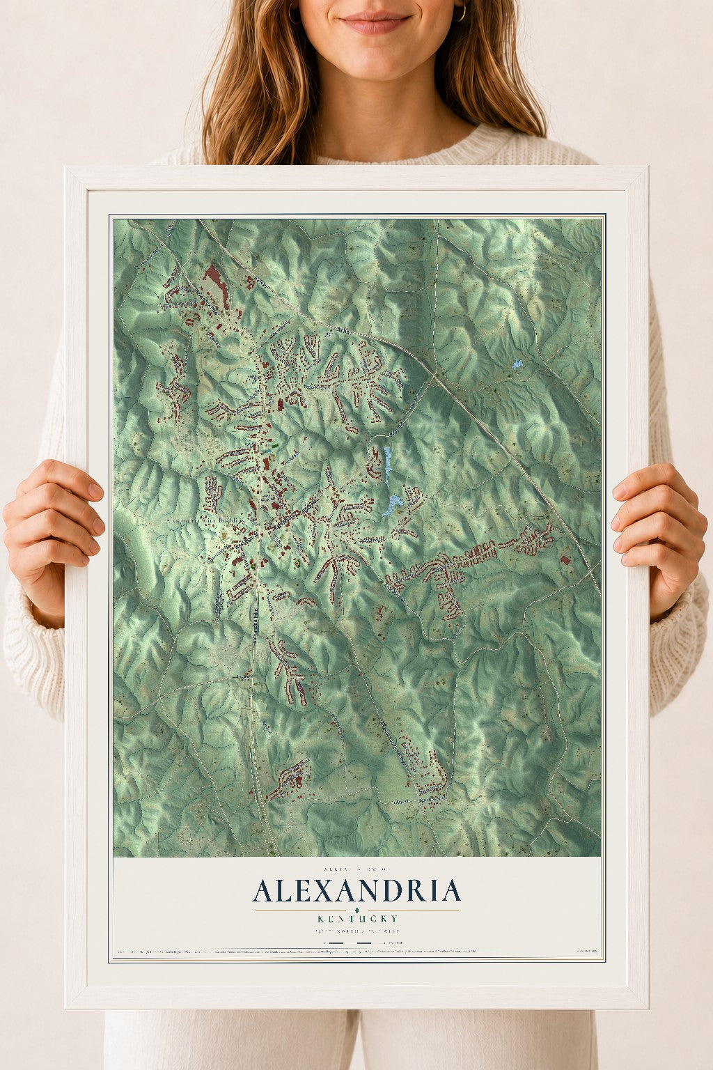 Map of Alexandria, Kentucky, 18 x 24 inch print in a white wood frame