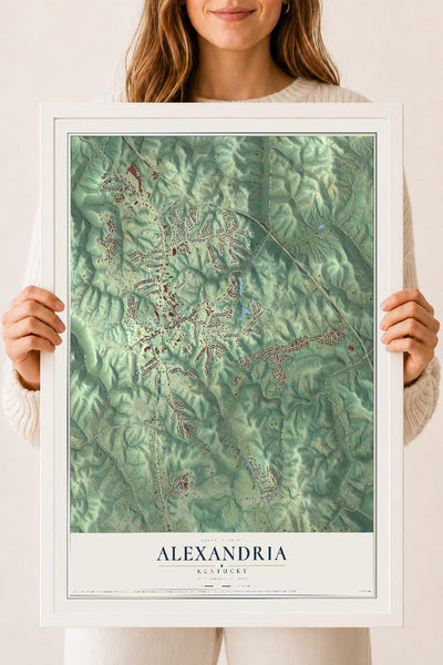 Map of Alexandria, Kentucky, 18 x 24 inch print in a white wood frame