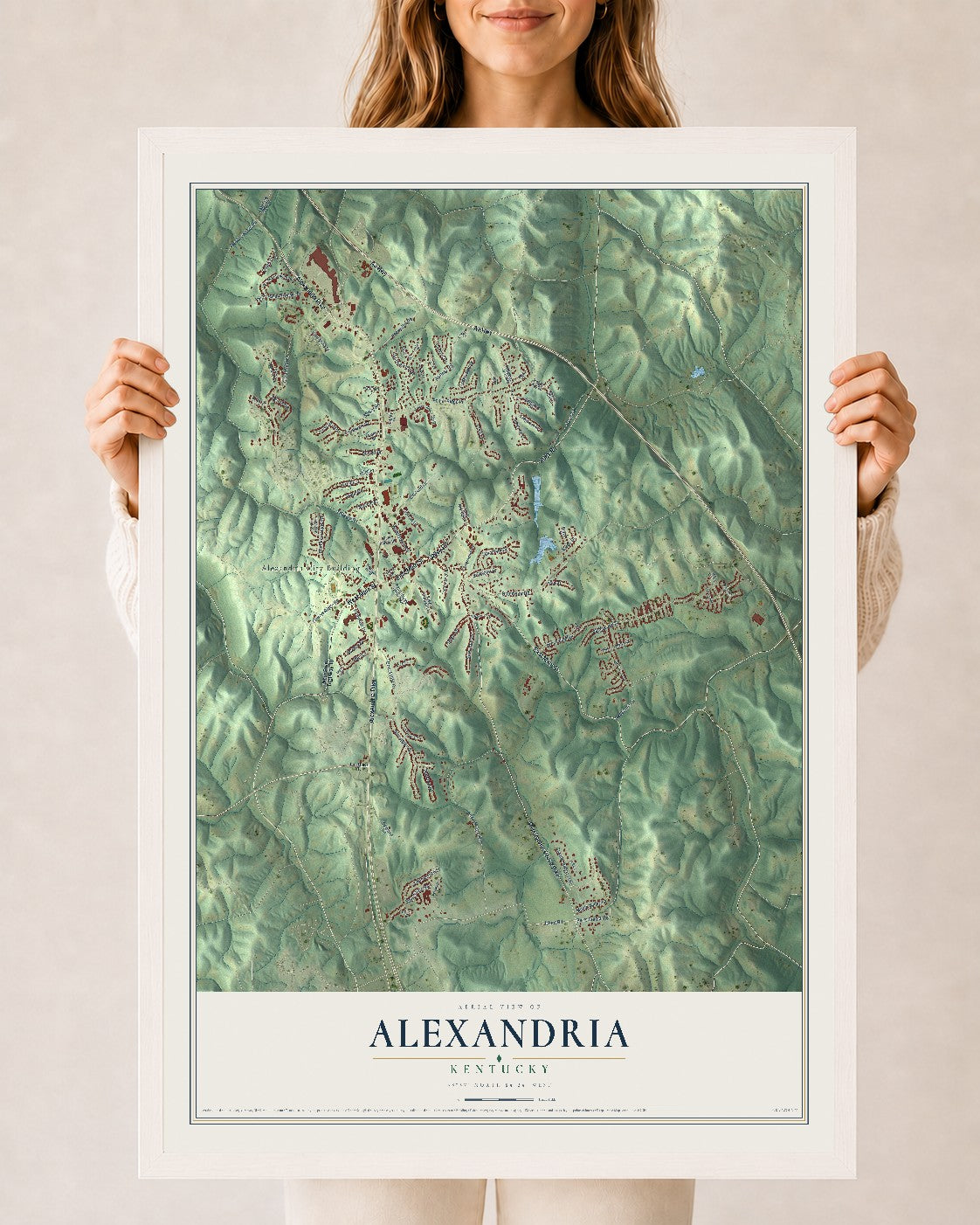 Map of Alexandria, Kentucky, 24 x 36 inch print in a white wood frame