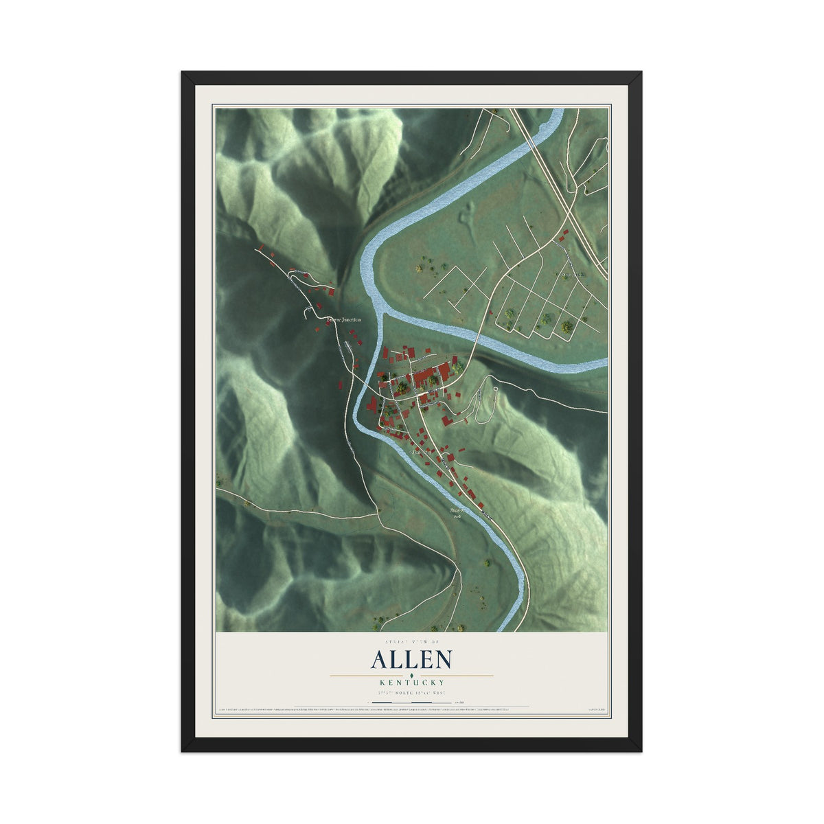 Map of Allen, Kentucky, 12 x 18 inch print in a black wood frame