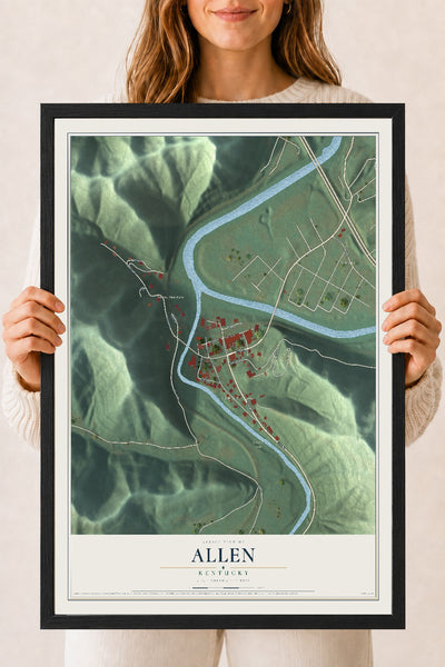 Map of Allen, Kentucky, 18 x 24 inch print in a black wood frame