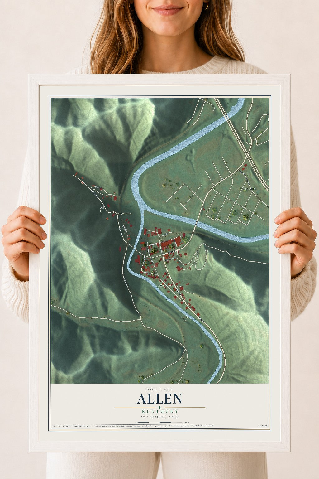 Map of Allen, Kentucky, 18 x 24 inch print in a white wood frame