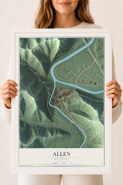 Map of Allen, Kentucky, 18 x 24 inch print in a white wood frame