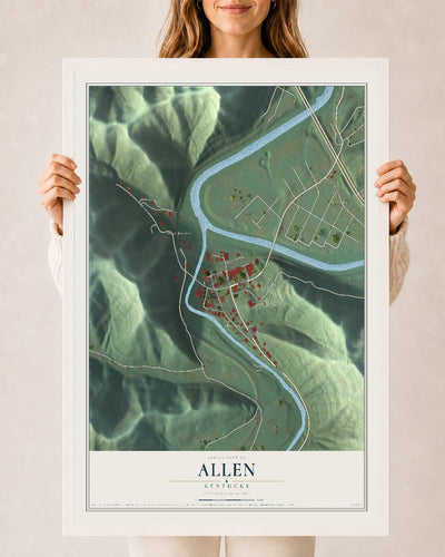 Map of Allen, Kentucky, 24 x 36 inch print in a white wood frame