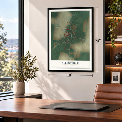 Allensville, Kentucky map, 18 x 24 inch print in a black frame in a home office