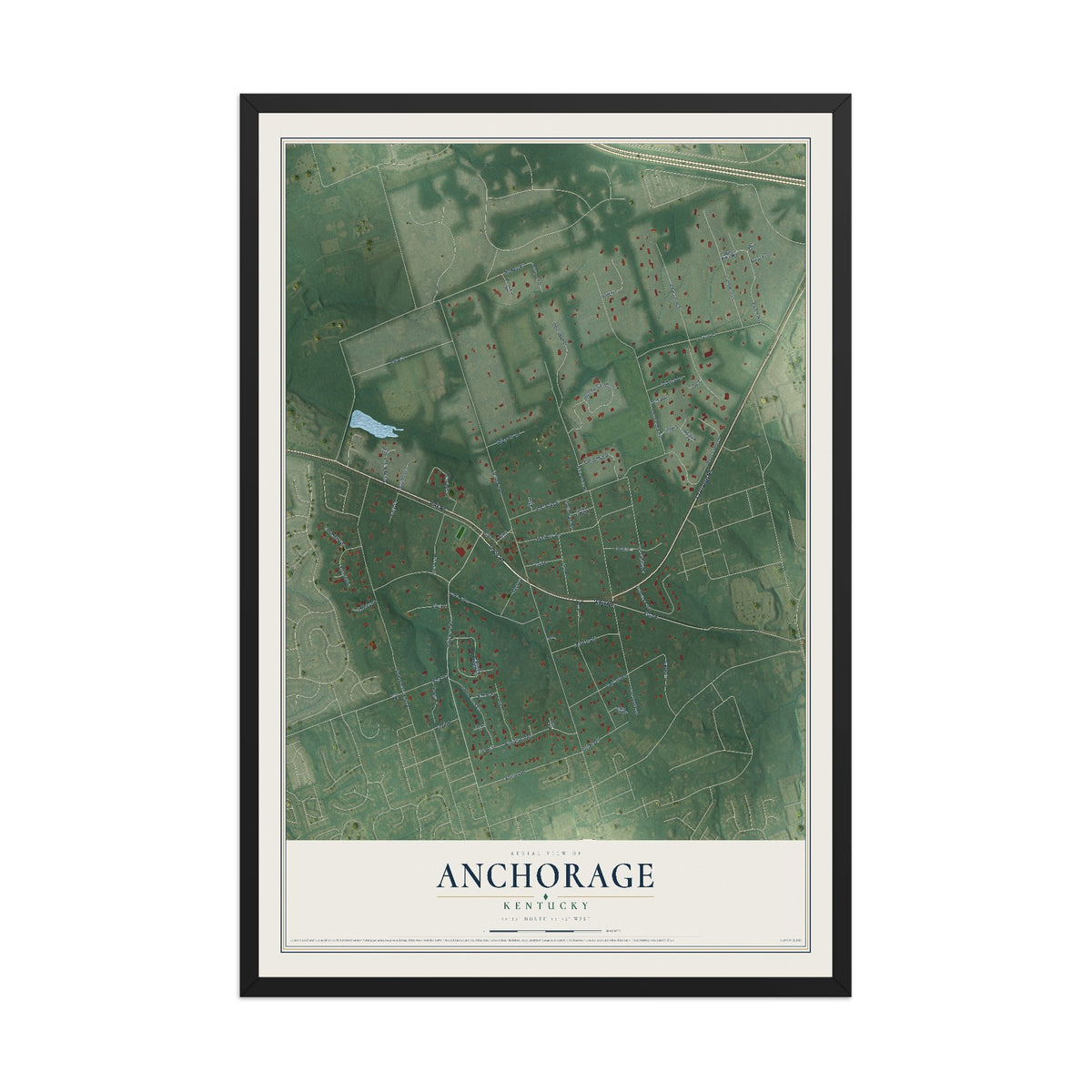Map of Anchorage, Kentucky, 12 x 18 inch print in a black wood frame