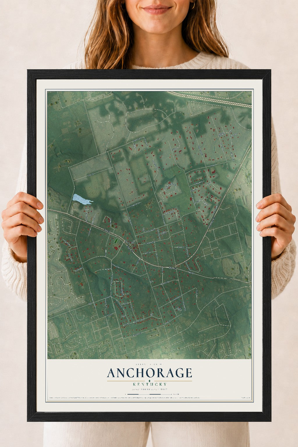 Map of Anchorage, Kentucky, 18 x 24 inch print in a black wood frame