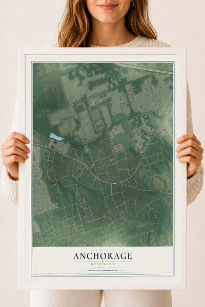 Map of Anchorage, Kentucky, 18 x 24 inch print in a white wood frame