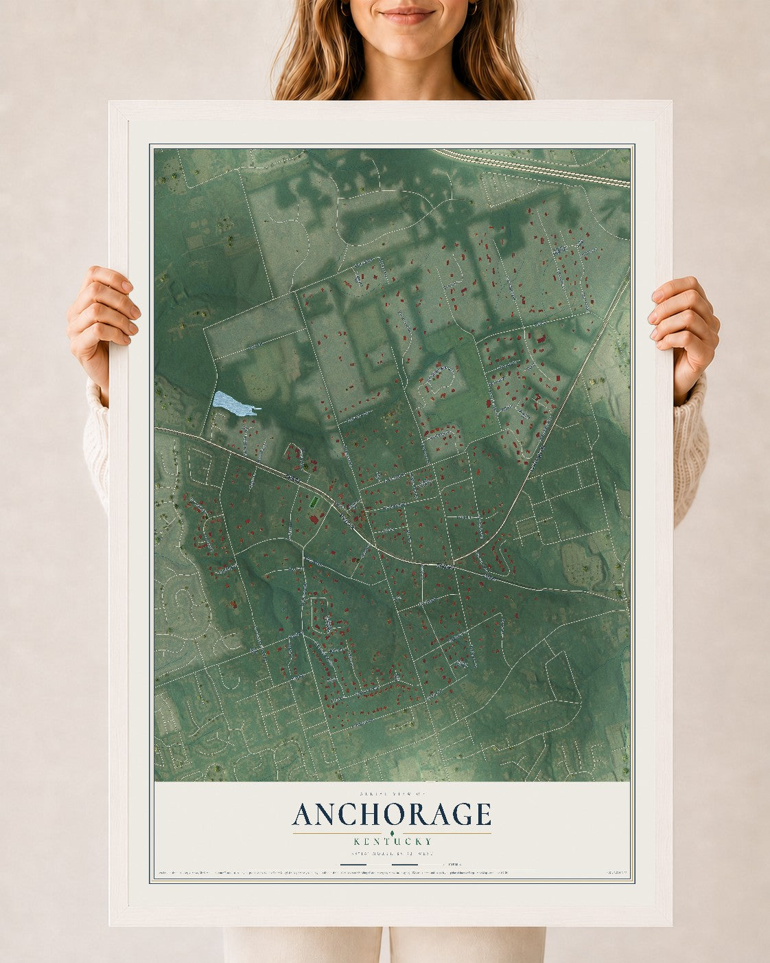 Map of Anchorage, Kentucky, 24 x 36 inch print in a white wood frame