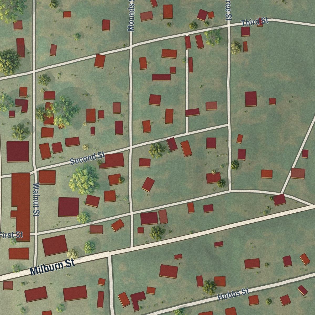 Close-up of the map of Arlington, Kentucky print showing street and building detail