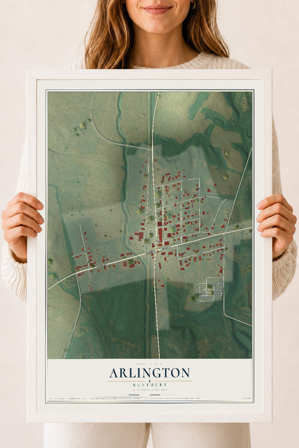 Map of Arlington, Kentucky, 18 x 24 inch print in a white wood frame