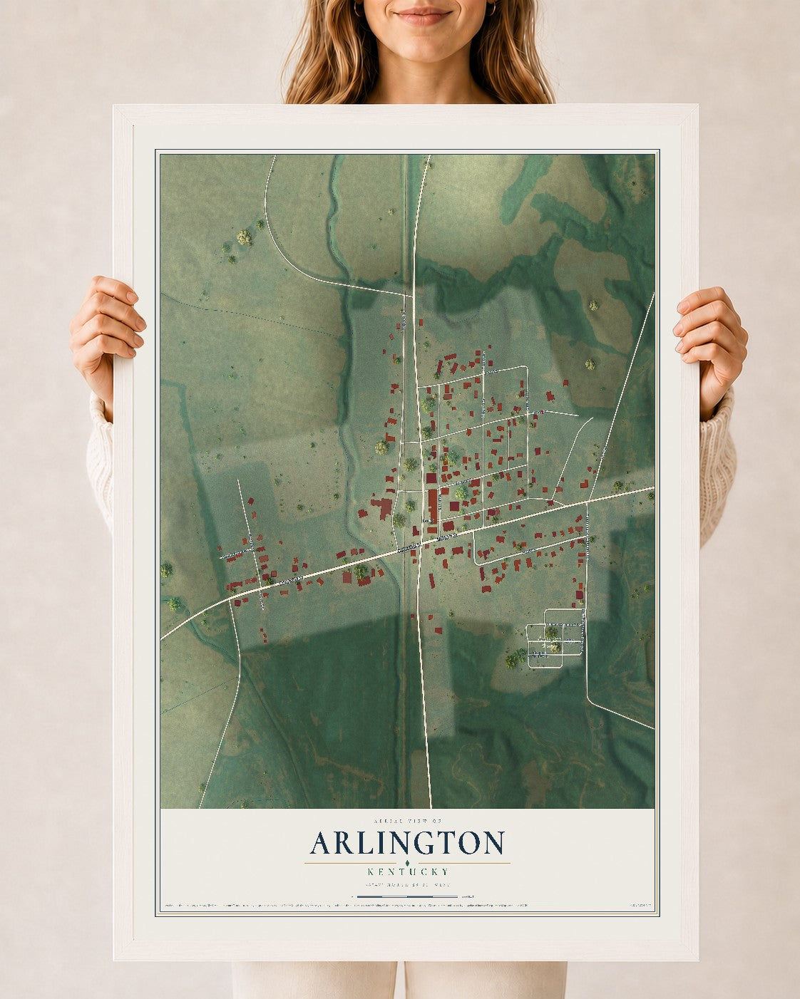Map of Arlington, Kentucky, 24 x 36 inch print in a white wood frame