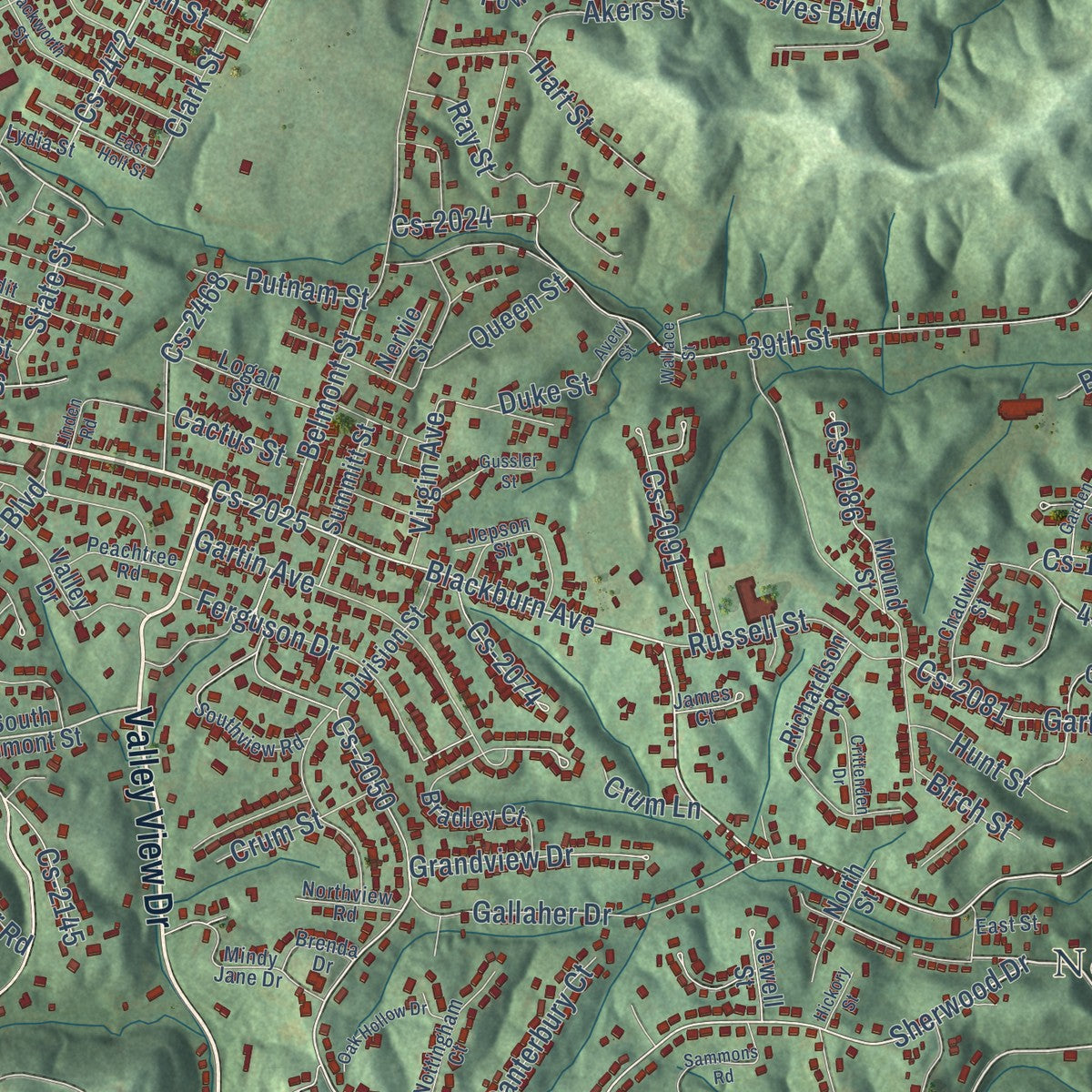 Second close-up of the map of Ashland, Kentucky print showing more streets and buildings