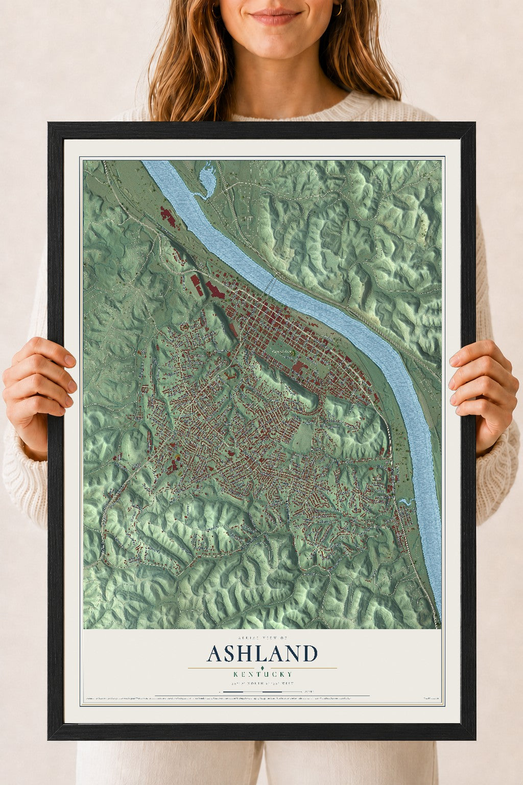 Map of Ashland, Kentucky, 18 x 24 inch print in a black wood frame