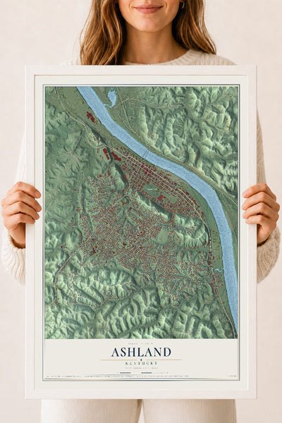 Map of Ashland, Kentucky, 18 x 24 inch print in a white wood frame