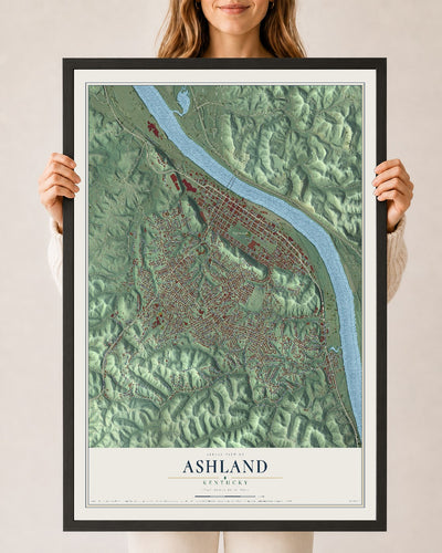 Map of Ashland, Kentucky, 24 x 36 inch print in a black wood frame
