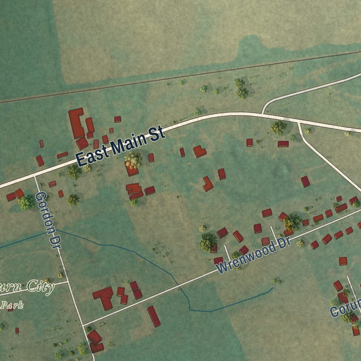Second close-up of the map of Auburn, Kentucky print showing more streets and buildings