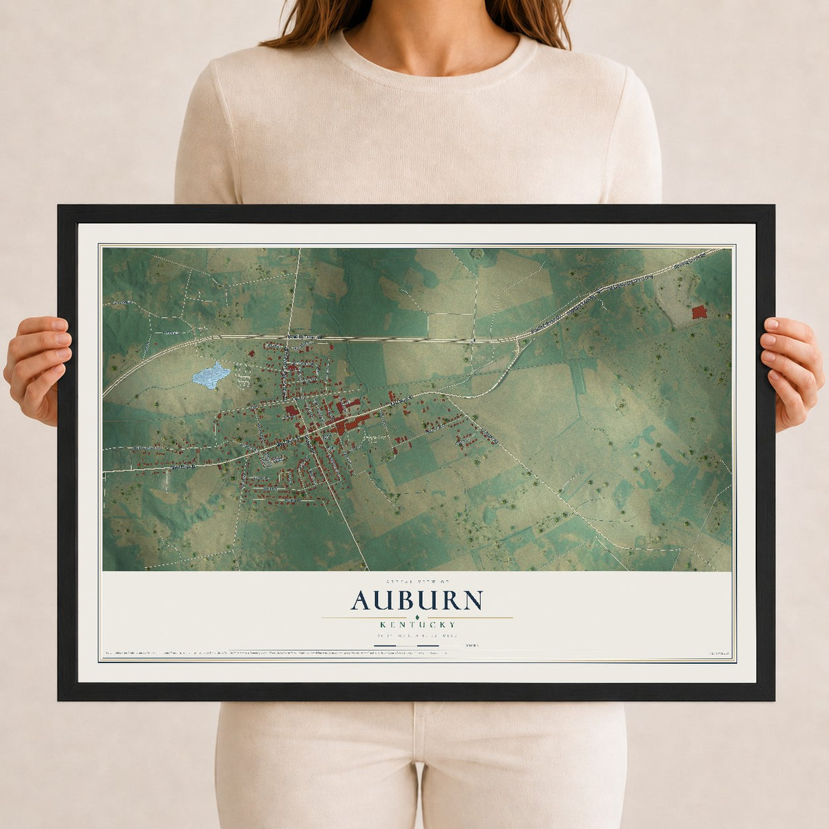 Map of Auburn, Kentucky, 12 x 18 inch print in a black wood frame