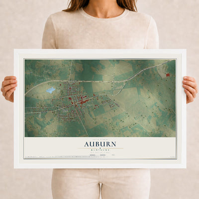 Map of Auburn, Kentucky, 12 x 18 inch print in a white wood frame