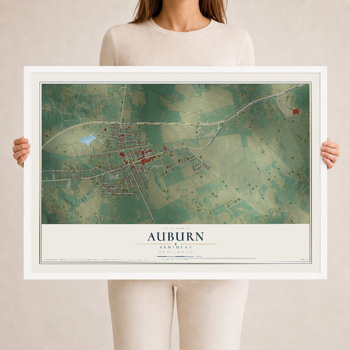 Map of Auburn, Kentucky, 24 x 36 inch print in a white wood frame