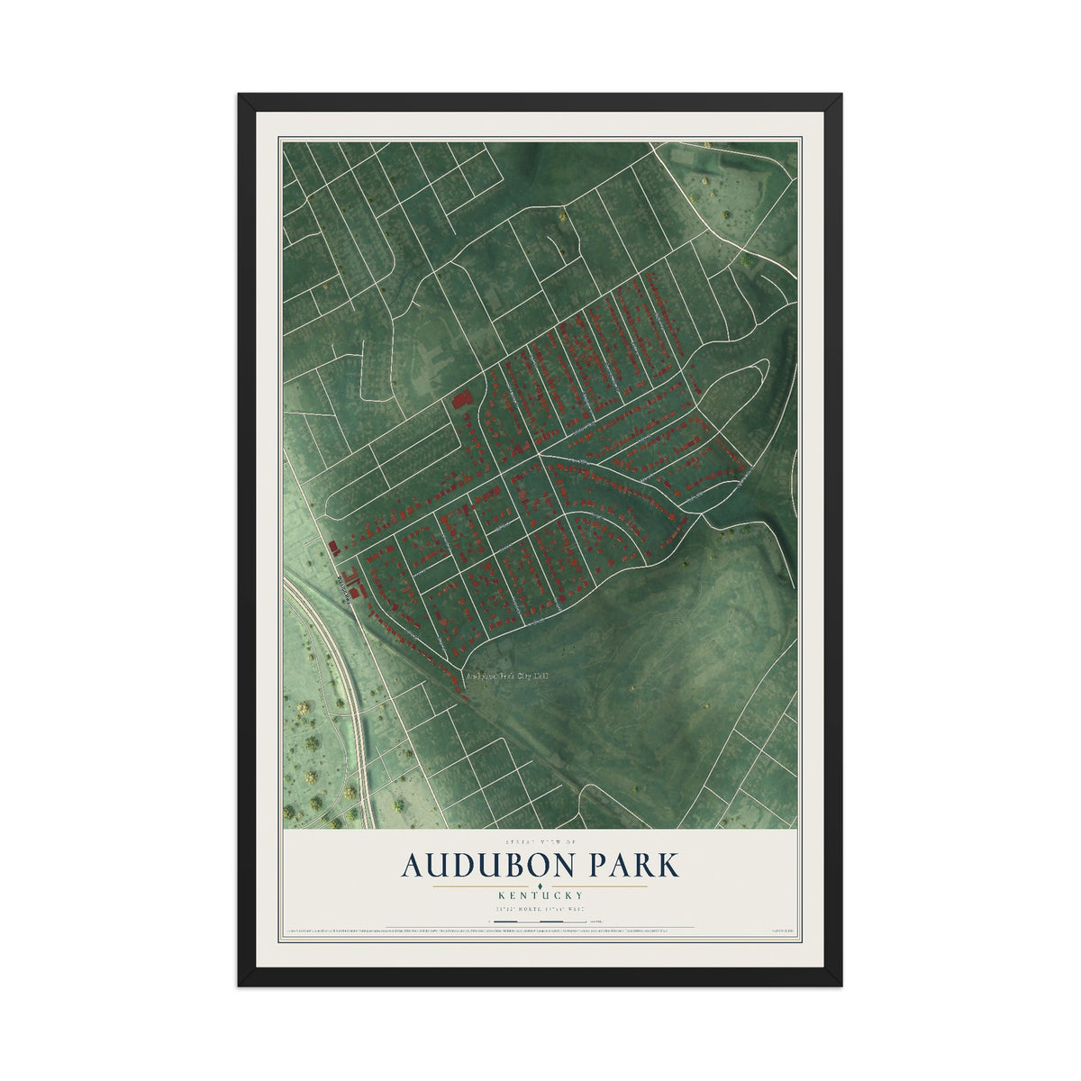Map of Audubon Park, Kentucky, 12 x 18 inch print in a black wood frame