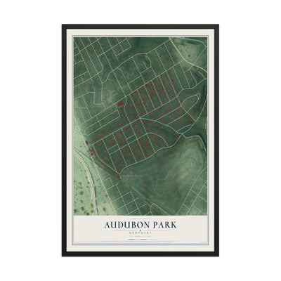 Map of Audubon Park, Kentucky, 12 x 18 inch print in a black wood frame