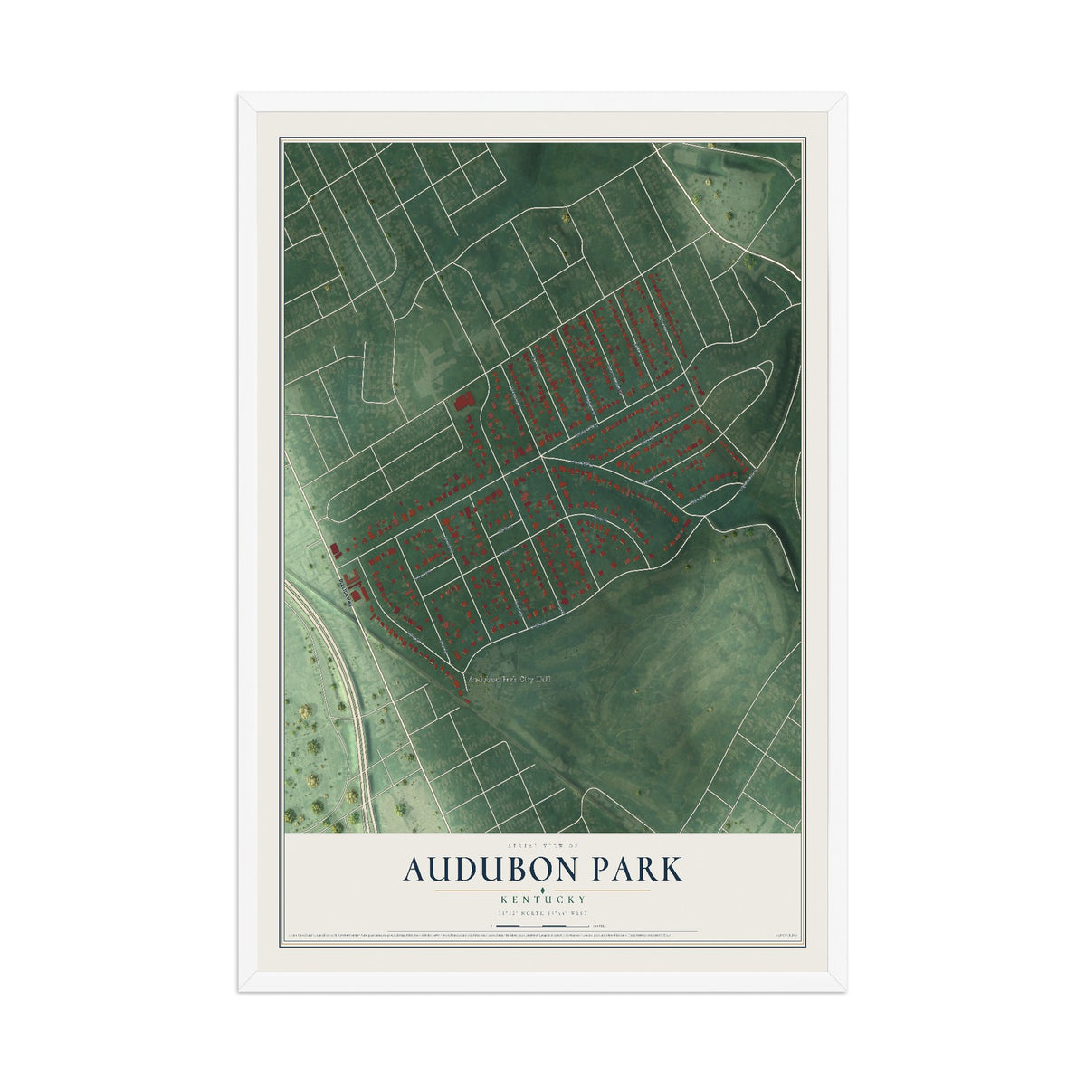 Map of Audubon Park, Kentucky, 12 x 18 inch print in a white wood frame