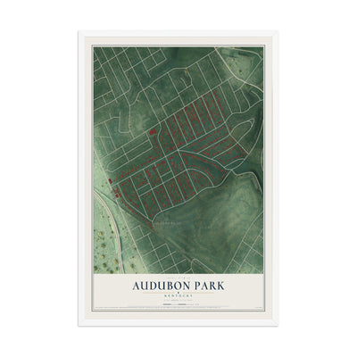 Map of Audubon Park, Kentucky, 12 x 18 inch print in a white wood frame