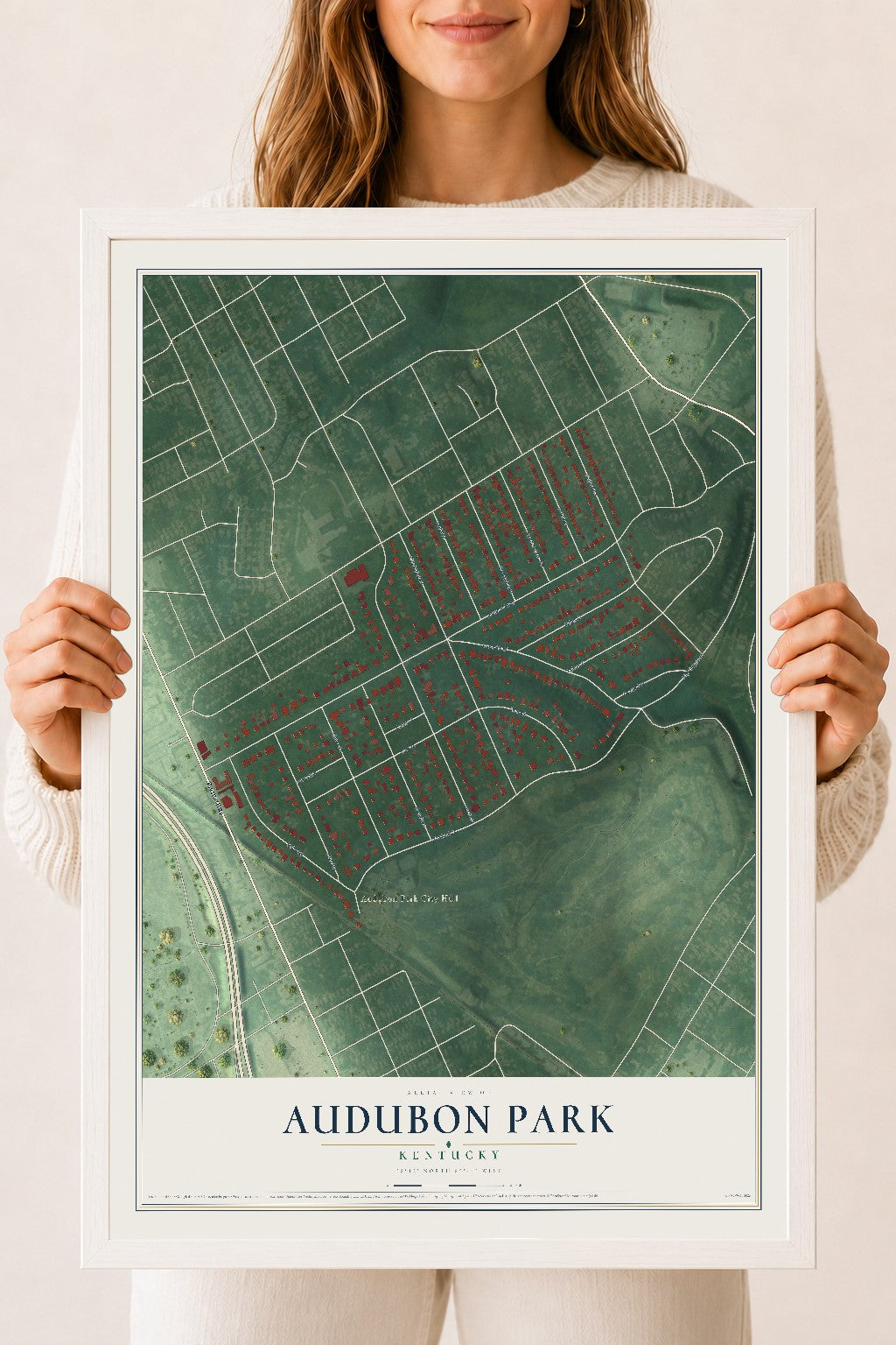Map of Audubon Park, Kentucky, 18 x 24 inch print in a white wood frame