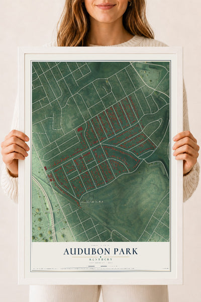 Map of Audubon Park, Kentucky, 18 x 24 inch print in a white wood frame