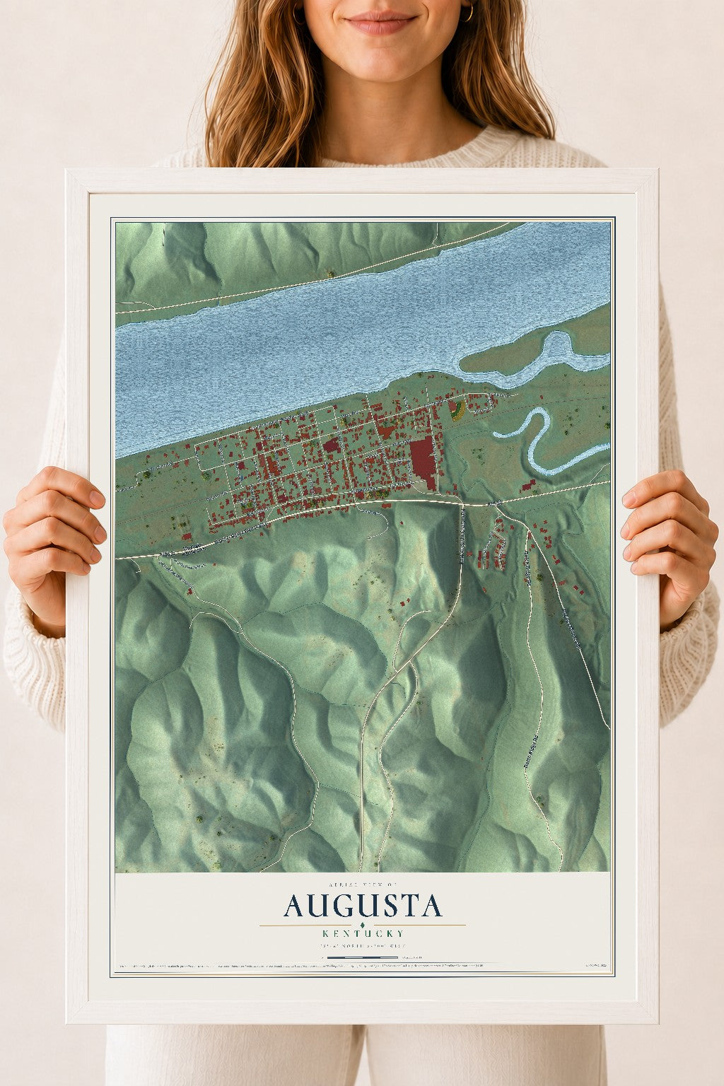 Map of Augusta, Kentucky, 18 x 24 inch print in a white wood frame