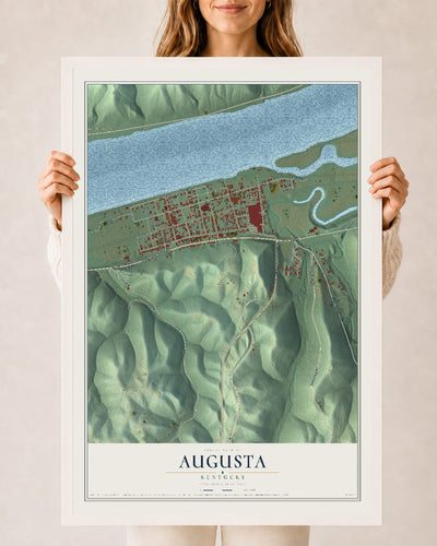 Map of Augusta, Kentucky, 24 x 36 inch print in a white wood frame