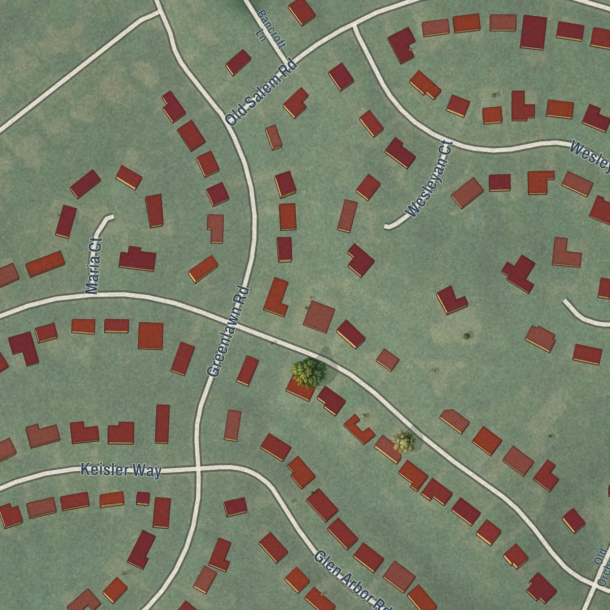 Close-up of the map of Bancroft, Kentucky print showing street and building detail