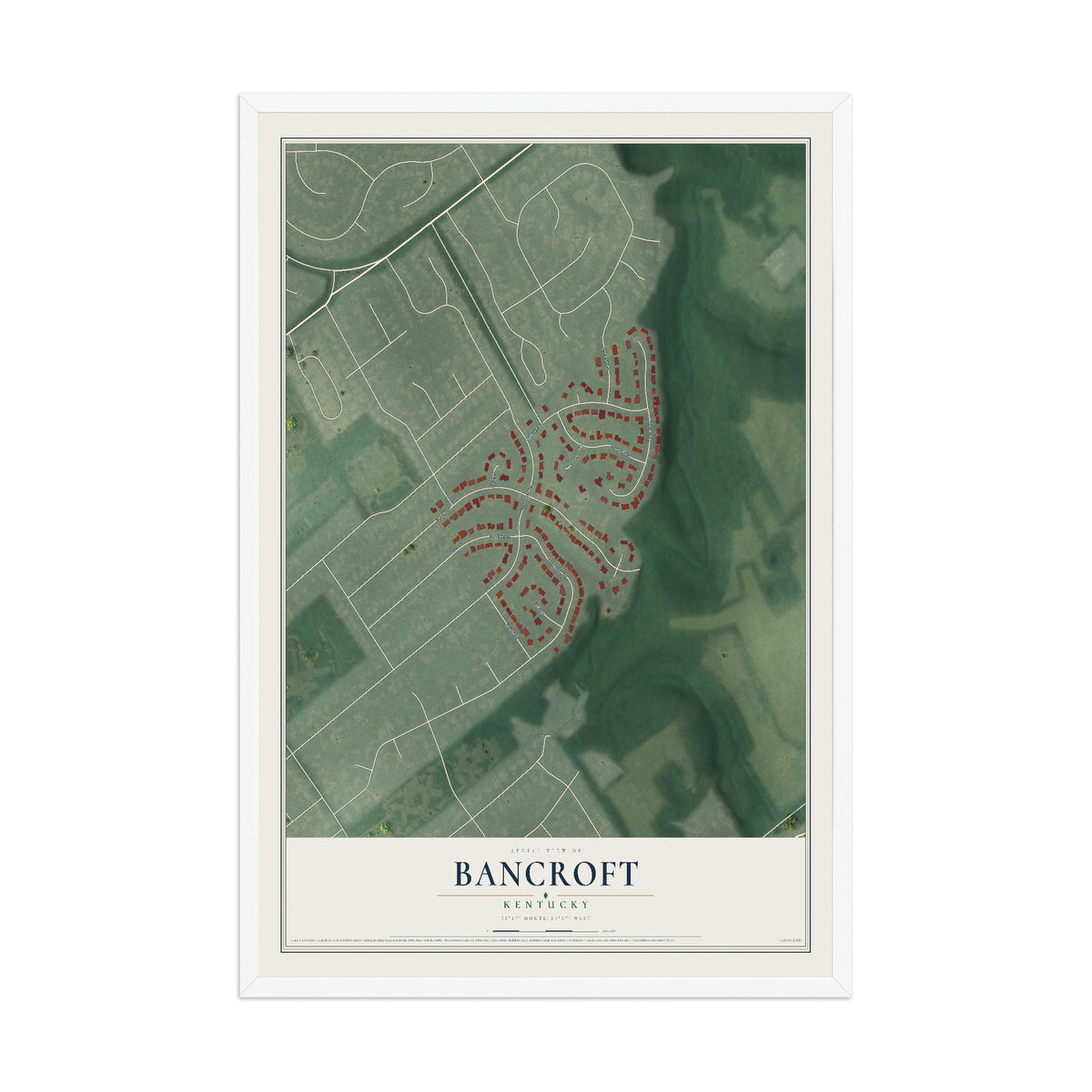 Map of Bancroft, Kentucky, 12 x 18 inch print in a white wood frame