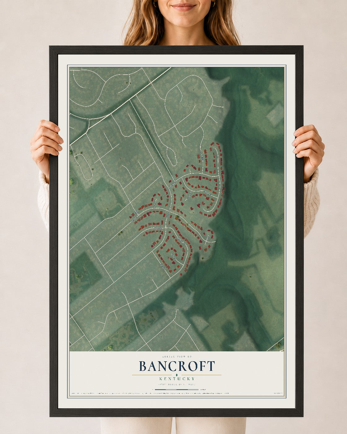 Map of Bancroft, Kentucky, 24 x 36 inch print in a black wood frame