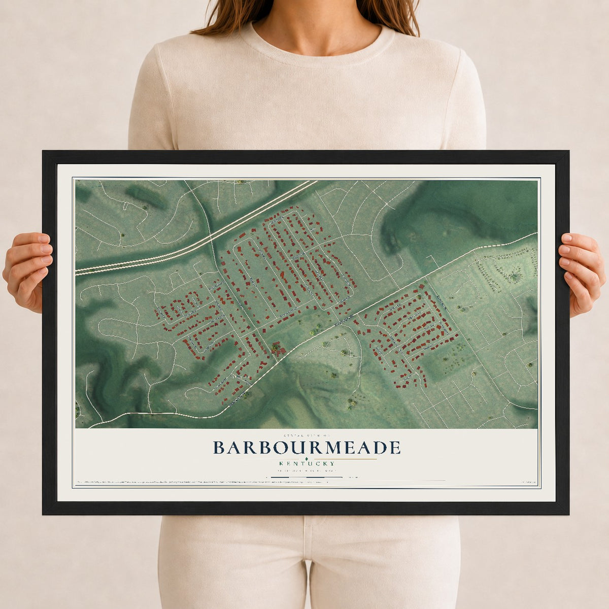 Map of Barbourmeade, Kentucky, 12 x 18 inch print in a black wood frame