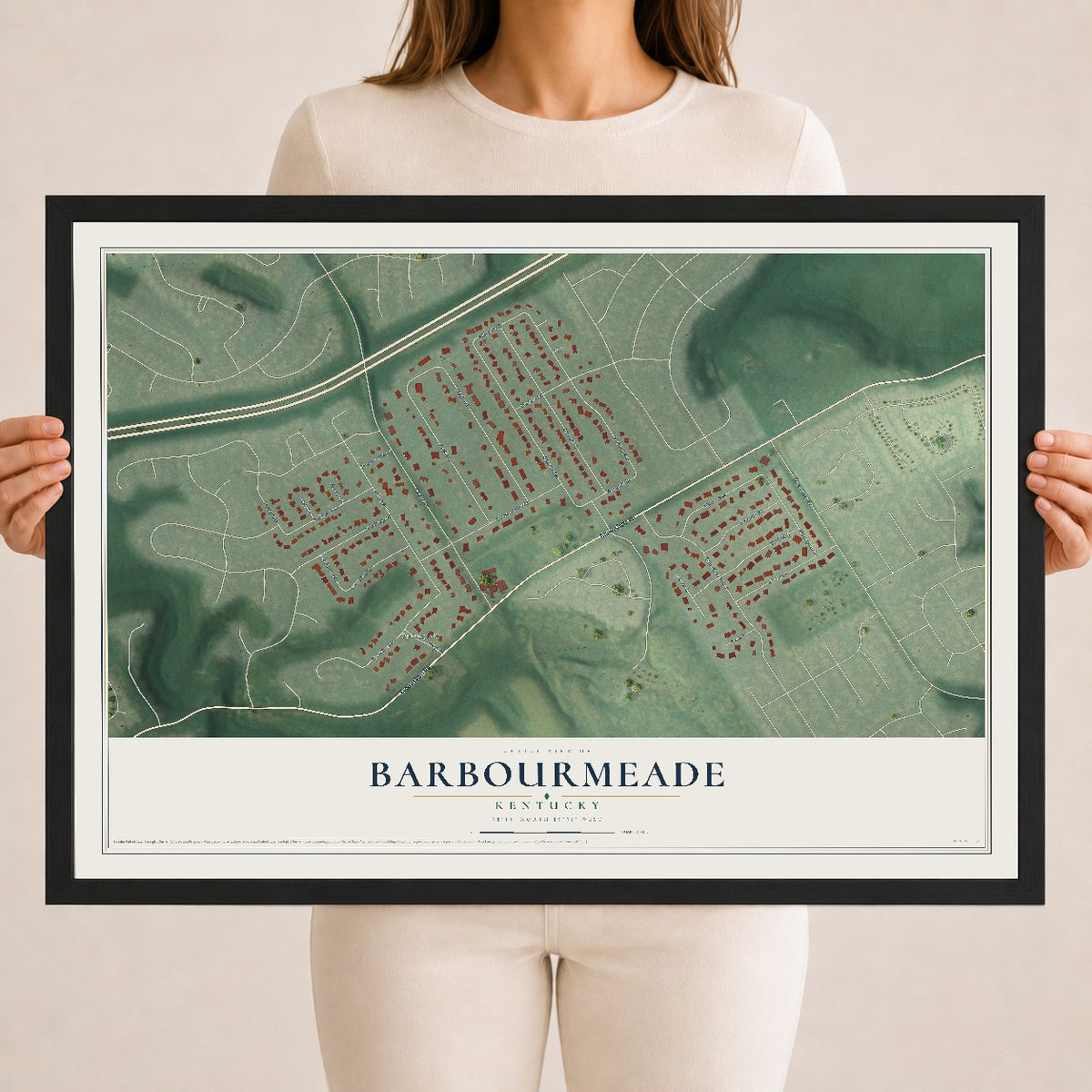 Map of Barbourmeade, Kentucky, 18 x 24 inch print in a black wood frame