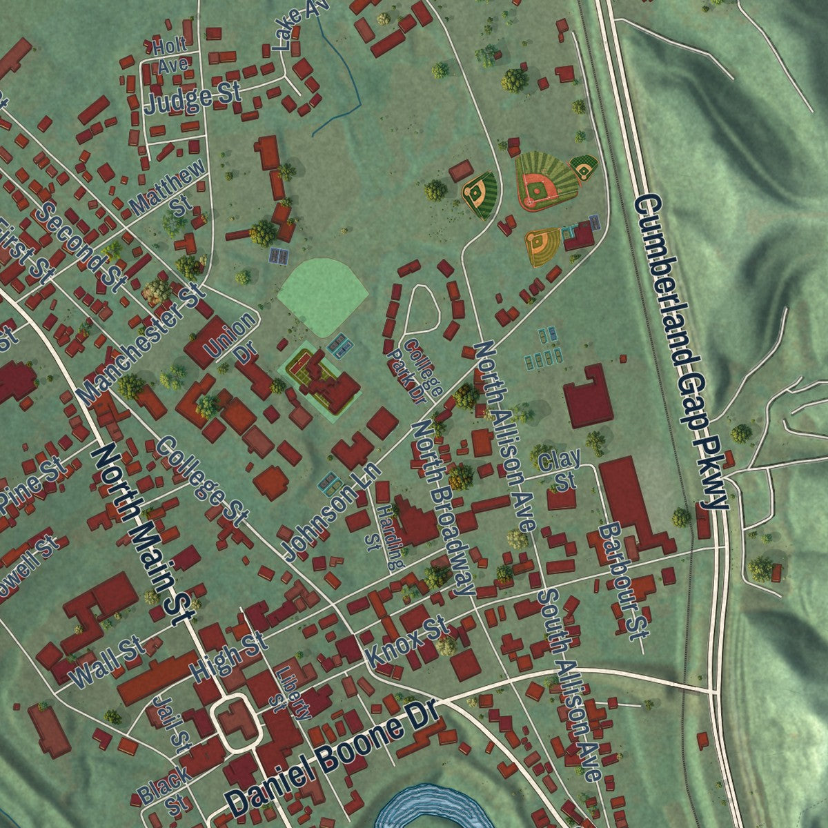 Close-up of the map of Barbourville, Kentucky print showing street and building detail