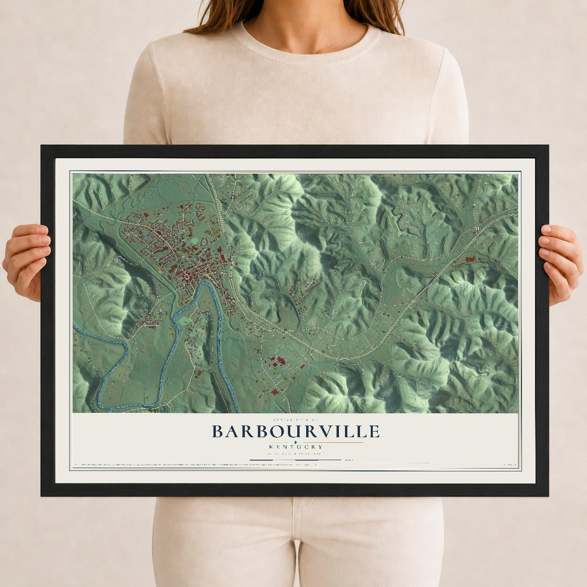 Map of Barbourville, Kentucky, 12 x 18 inch print in a black wood frame