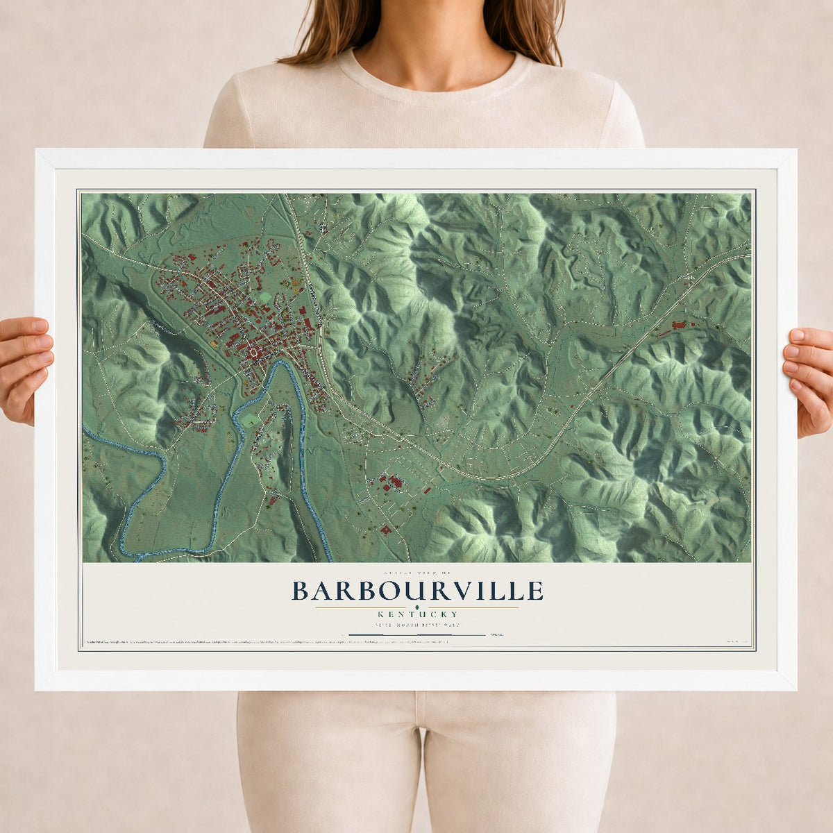 Map of Barbourville, Kentucky, 18 x 24 inch print in a white wood frame