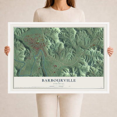 Map of Barbourville, Kentucky, 24 x 36 inch print in a white wood frame