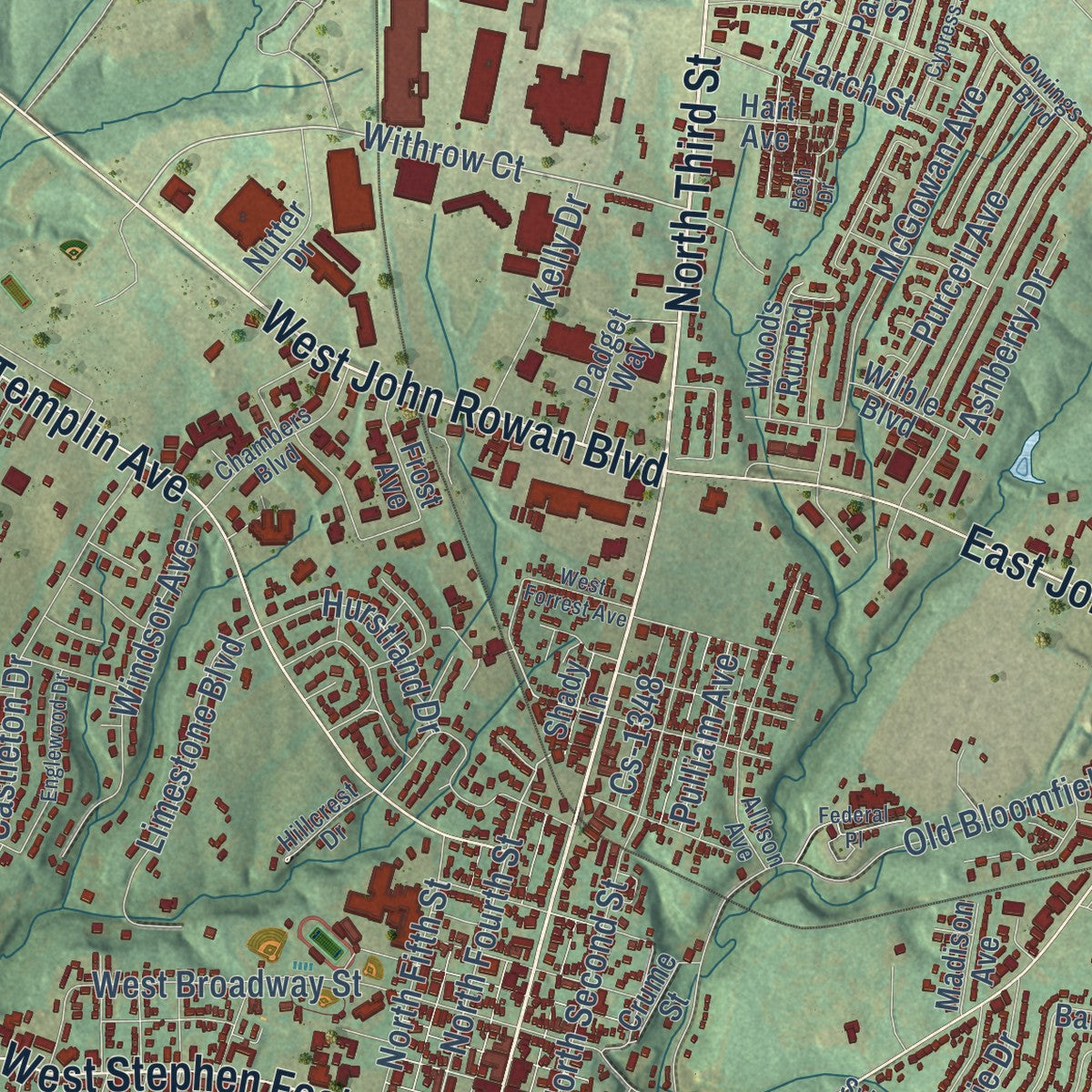Close-up of the map of Bardstown, Kentucky print showing street and building detail