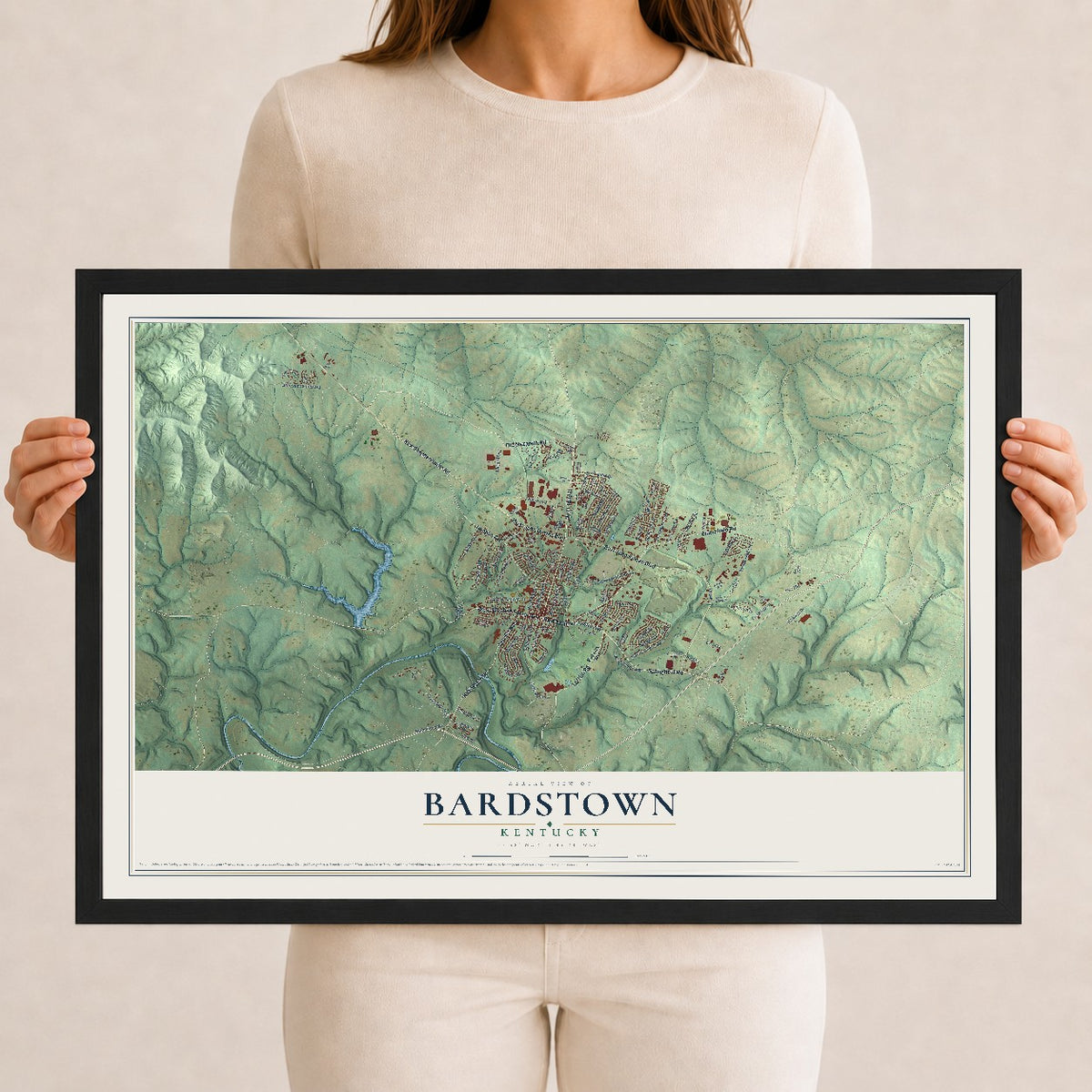Map of Bardstown, Kentucky, 12 x 18 inch print in a black wood frame